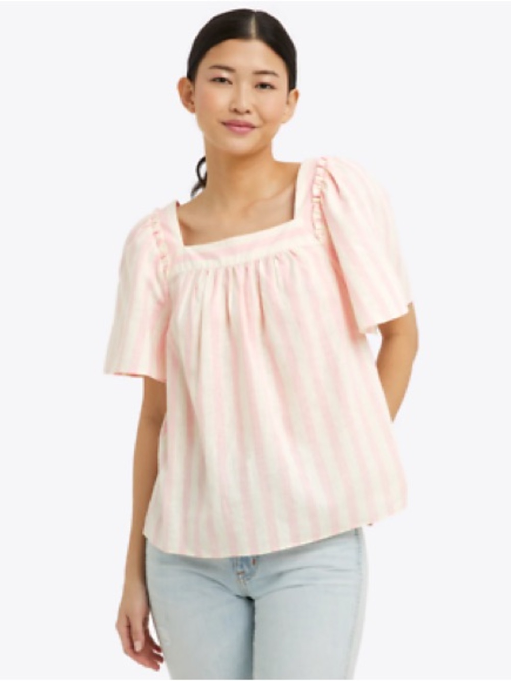Draper James - Maren Top pink cabana stripe, square neck, ruffled shoulder